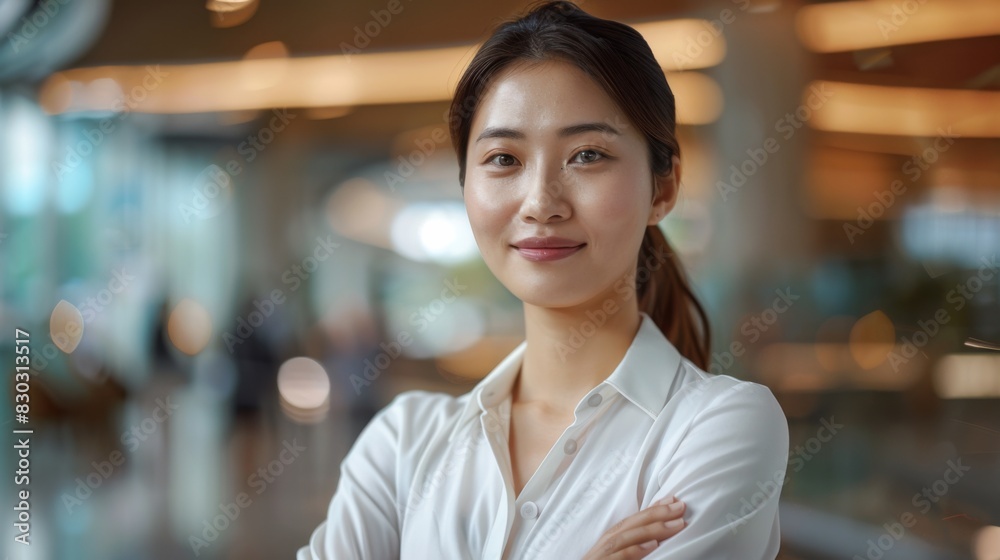 A confident young businesswoman with a gentle smile stands with arms crossed in a bright modern office setting. A confident young businesswoman with a gentle smile stands with arms crossed in a bright modern office setting.