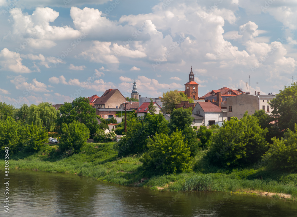 Cityscape of Obrzycko, Wielkopolska, Poland. Panoramic summer view of the old town. 