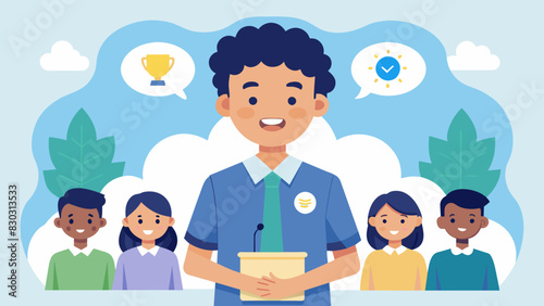 A student sharing their personal experiences and reasons for running for a student council position inspiring their peers to get involved and make a positive impact in the school.. Vector illustration