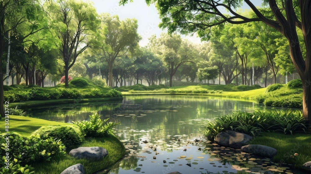 serene park landscape with lush greenery and tranquil pond peaceful outdoor oasis urban nature retreat idyllic scenery aigenerated artwork serene park landscape with lush greenery and tranquil pond peaceful outdoor oasis urban nature retreat idyllic scenery aigenerated artwork