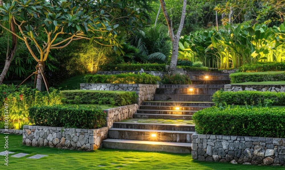 a image of a garden with steps and a lawn with trees a image of a garden with steps and a lawn with trees