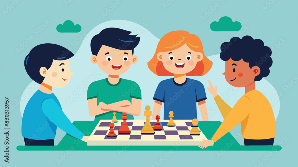 A sense of camaraderie was palpable ast the members of the school chess club as they shared tips and tricks for improving their game.. Vector illustration A sense of camaraderie was palpable ast the members of the school chess club as they shared tips and tricks for improving their game.. Vector illustration