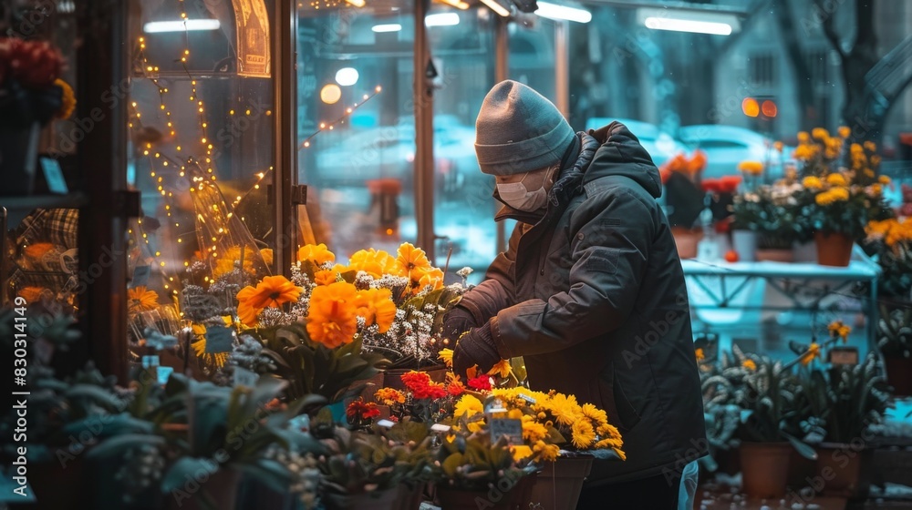 Person wearing a mask arranging flowers at a vibrant street flower shop, with warm lights in the background. Person wearing a mask arranging flowers at a vibrant street flower shop, with warm lights in the background.