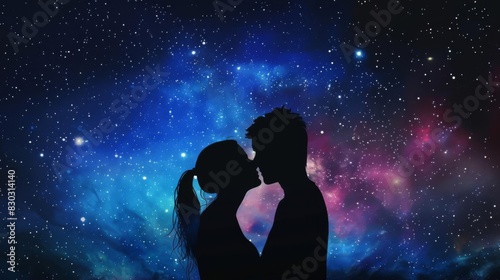 silhouette of young couple embracing and gazing at each other against starry space background digital painting © furyon