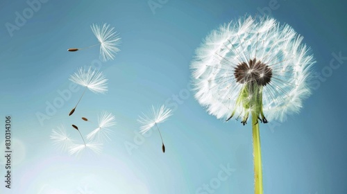 Beautiful puffy dandelions and flying seeds against blue sky on sunny day