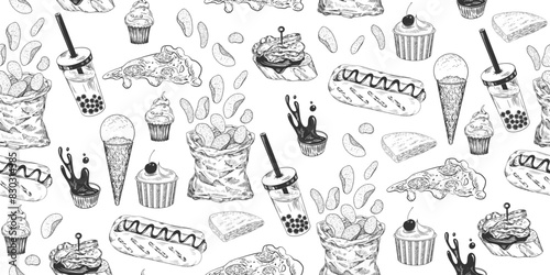 Seamless pattern with fast food. Sketch style chips bag, bubble tea, hot dog, pizza, sauce. Engraved desserts, cupcake, ice cream. Hand drawn street food on white background