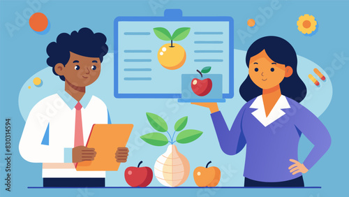 A pair of 10th graders presenting their research on genetics using a variety of different fruit to demonstrate dominant and recessive traits.. Vector illustration