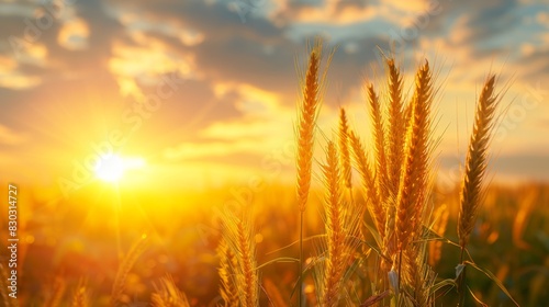 A serene sunset view over a wheat field with vibrant orange skies casting golden light on the crops.