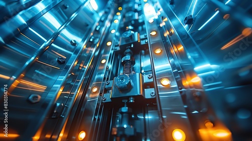 Elevator maintenance work, close up, mechanical details, dynamic, composite, industrial setting backdrop