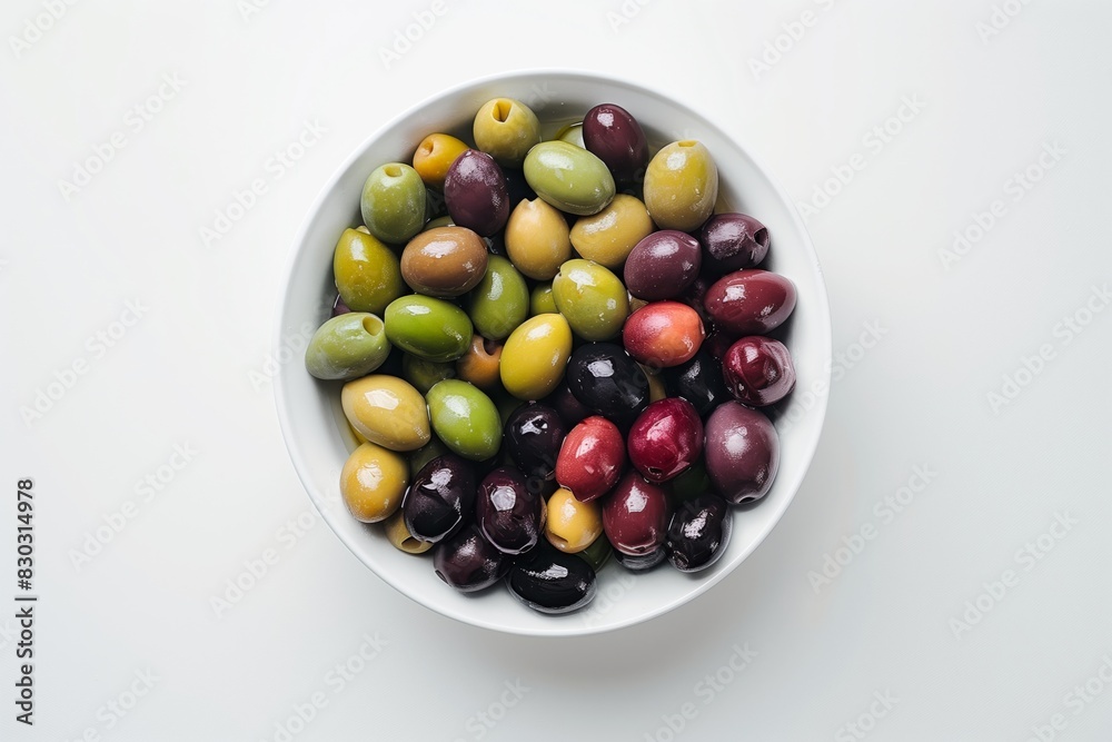Diverse Olive Bowl on White Background - Top-Down Minimalist Image Diverse Olive Bowl on White Background - Top-Down Minimalist Image