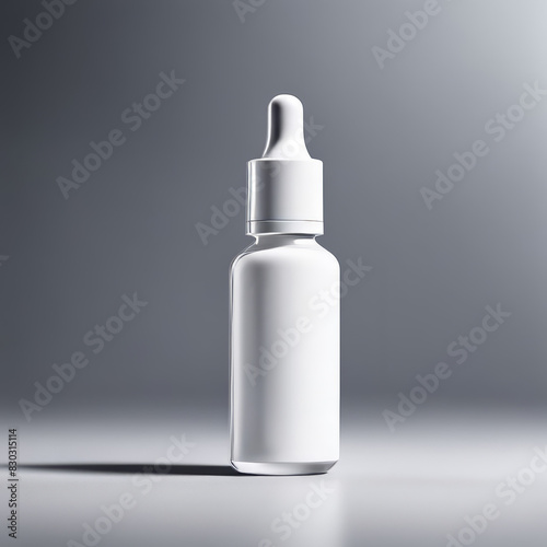 White bottle with serum on light background. Glass packaging for cosmetic beauty product, essential aroma oil. Skin care, hydration and nutrition with collagen. AI Generative
