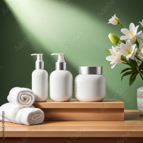 A set of empty cosmetic bottles and cotton towels with green plants on a wooden table on green background. AI Generative