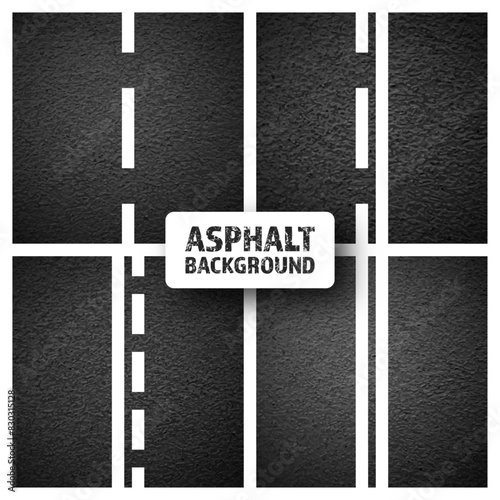 Asphalt road with white lane marking, concrete highway surface, texture. Street traffic line, road dividing strip. Pattern with grainy structure, grunge stone background. Vector illustration