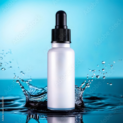 pink glass cosmetic dropper bottle with pipette standing on the surface with water splashes on blue background. Trendy cosmetics presentation. Blank label. AI generated