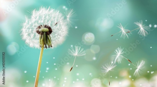 Dandelion seeds in the sunlight blowing away across a fresh morning background