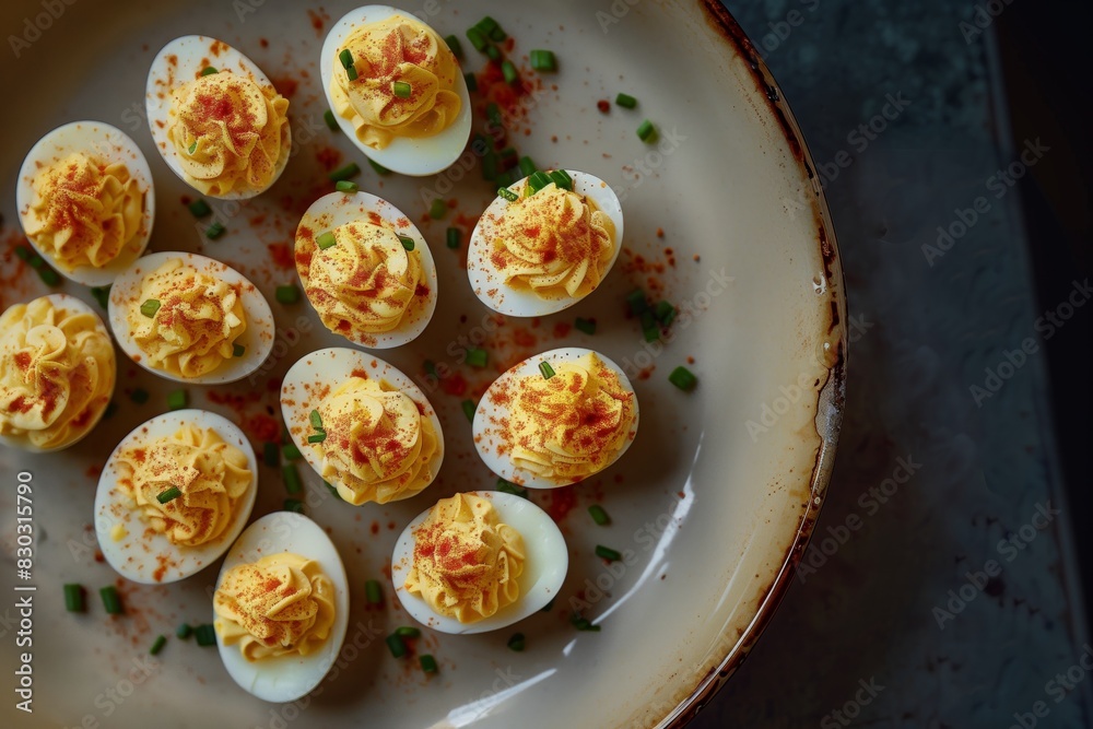 Ceramic Tray with Homemade Deviled Eggs - Top Down View Ceramic Tray with Homemade Deviled Eggs - Top Down View