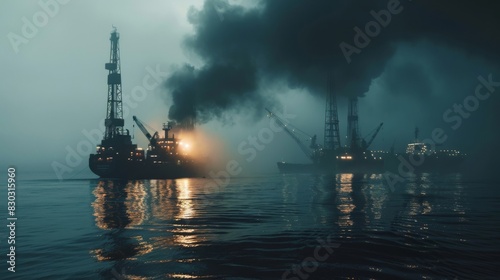 A large oil rig is surrounded by several smaller boats