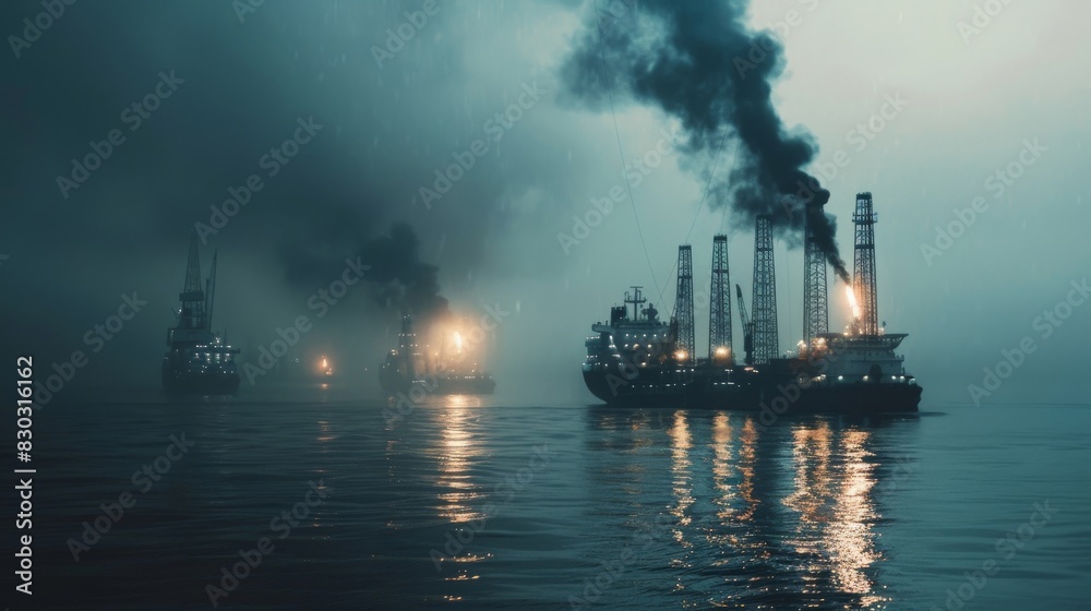 A large ship is on fire in the ocean A large ship is on fire in the ocean