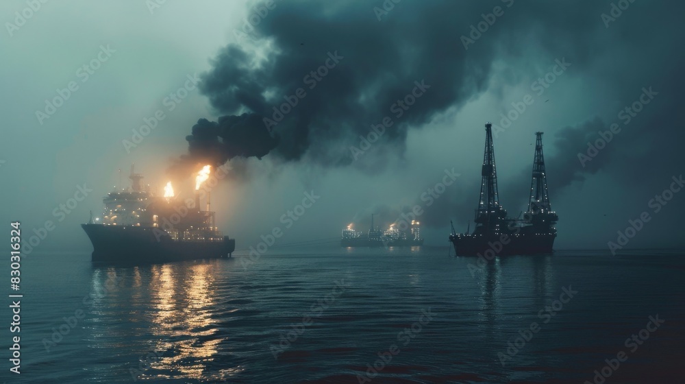 A large ship is on fire in the ocean A large ship is on fire in the ocean