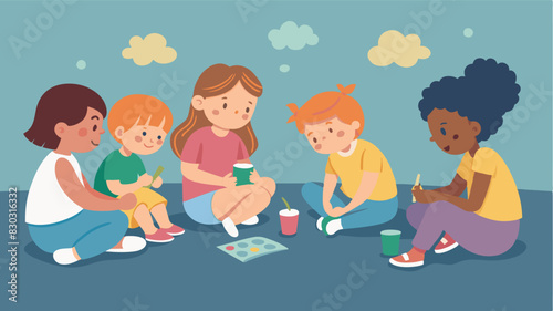 A row of kids sitting on the sidewalk drawing with chalk and sharing their creations with each other while parents sit nearby and chat.. Vector illustration