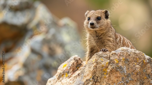 Yellow spotted rock hyrax on a rock portrait photo