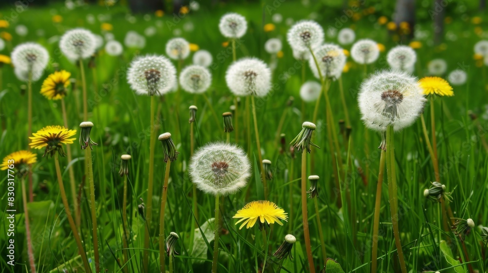 Lot of dandelions on nature against backdrop of field. Spring and summer background