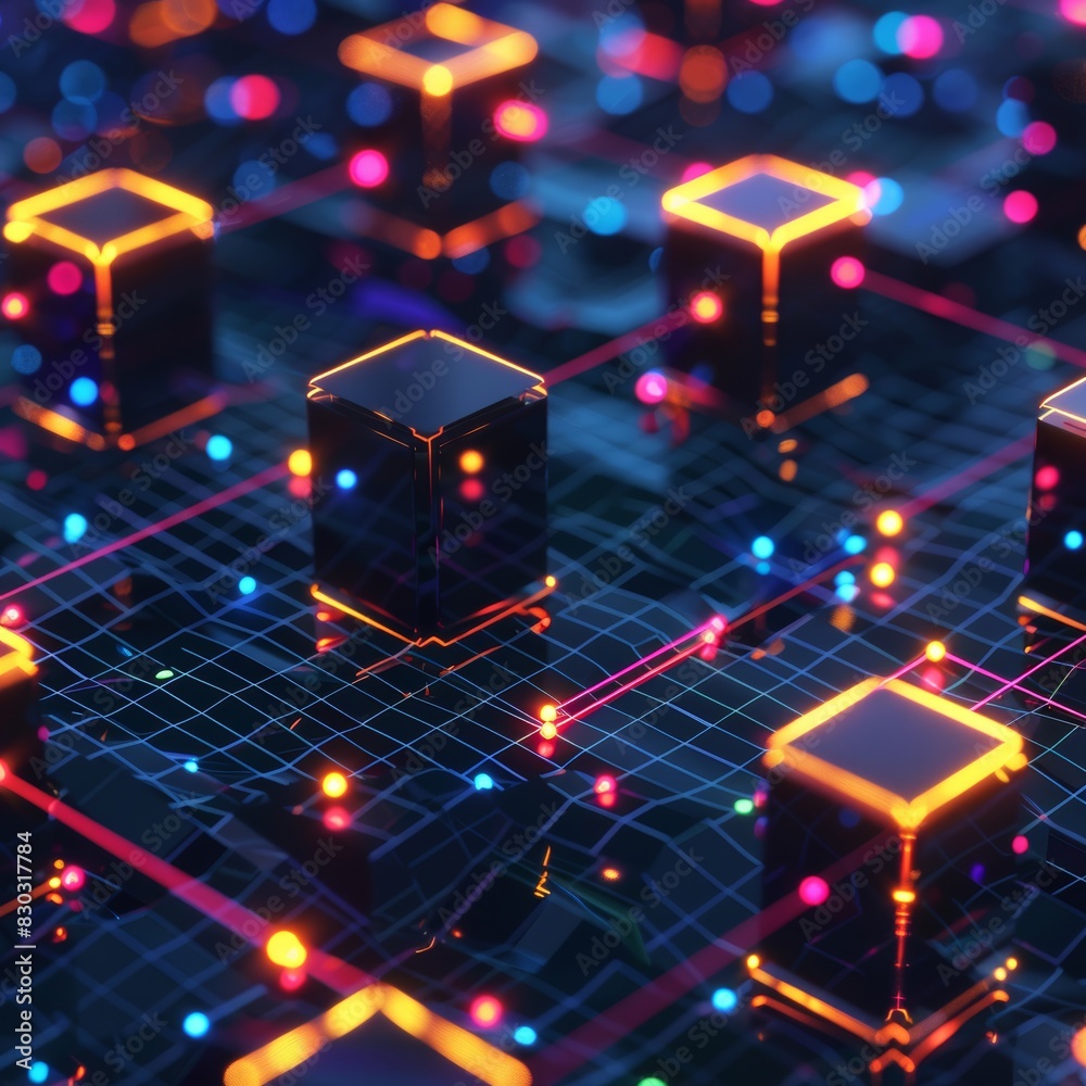A abstract image background highlighting node blockchains, 3d isometric cubes on a dark background.