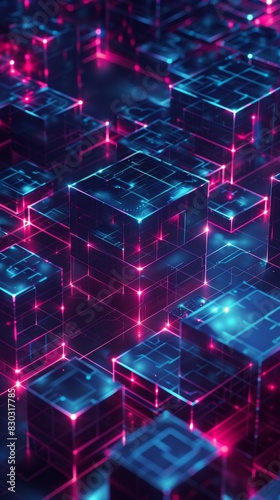 A abstract image background highlighting node blockchains, 3d isometric cubes on a dark background. © Absent Satu