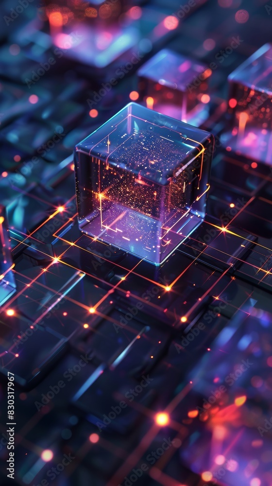 A abstract image background highlighting node blockchains, 3d isometric cubes on a dark background. A abstract image background highlighting node blockchains, 3d isometric cubes on a dark background.