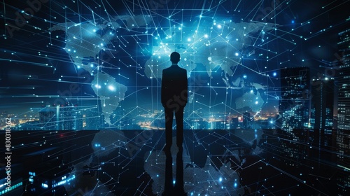businessman, night or vr global network hologram for digital future technology