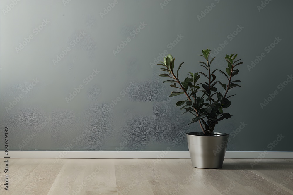 Minimalist gray wall with potted plant pops against light wood floor, exuding modern elegance