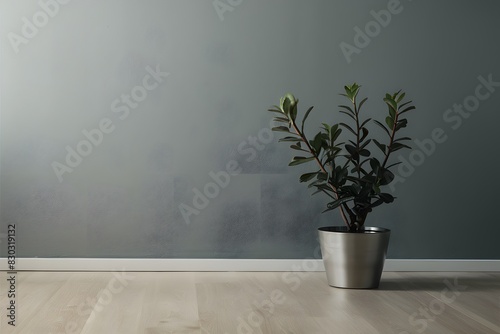 Minimalist gray wall with potted plant pops against light wood floor, exuding modern elegance