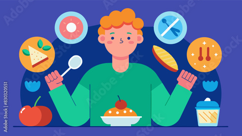 A person obsessively counting calories and only eating specific safe foods even though they are already underweight.. Vector illustration
