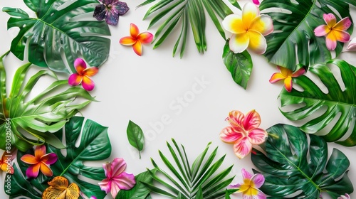 Bright pop-art styled floral mockup with tropical leaves and colorful flowers