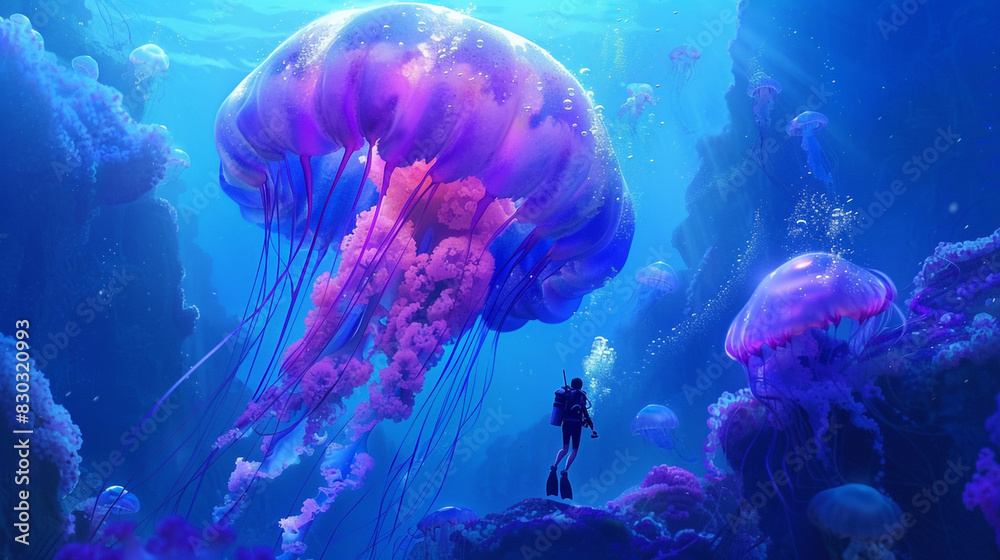 Fototapeta premium The diver swims carefully around the jellyfish, captivated by their delicate and translucent forms.