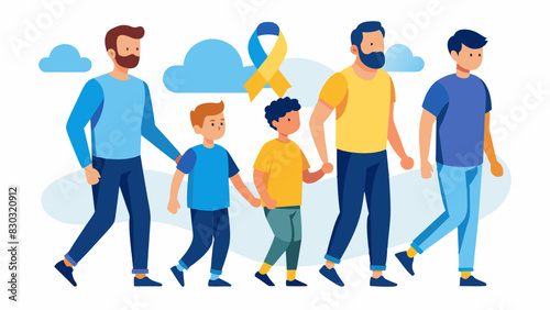 A group of fathers and sons participating in a charity walk to raise funds for mental health resources and support for mens body image concerns.. Vector illustration