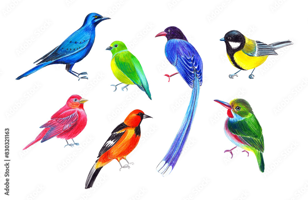 Obraz premium colorful birds pencil illustration drawn by hands by color pencils