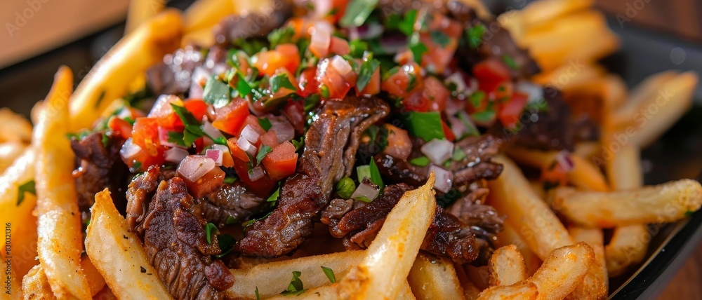A carne asada fries close up, food design, dynamic, dramatic compositions, with copy space.