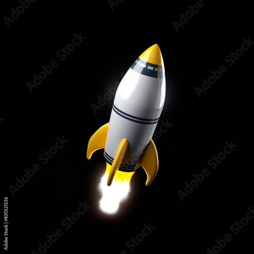 flying white-yellow rocket in 3D style on clear black background © katedeepomania