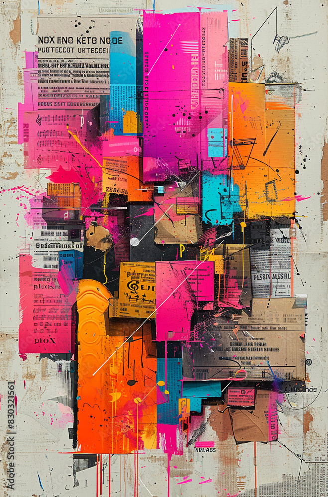 Fototapeta premium Multi-layered collage with cardboard, fragmented newspaper pieces, and magazine clippings. 