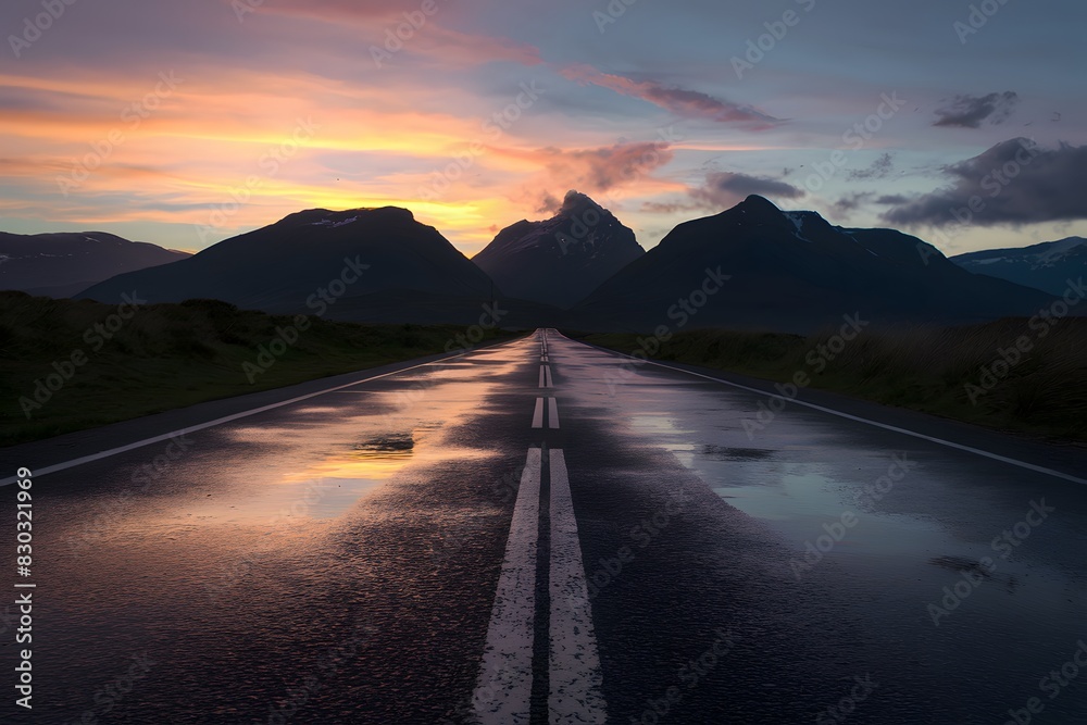 Road to mountains with colorful sunset, reflected in wet pavement, grassy foreground Tranquil beauty
