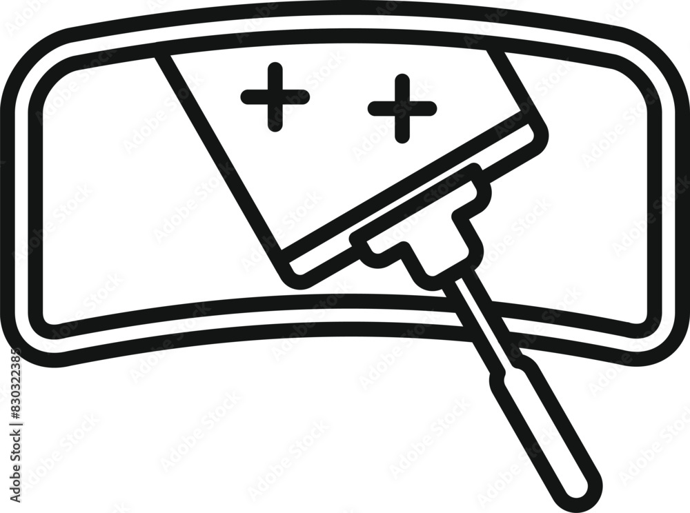 Black and white line art icon featuring a car's windshield with wiper blades Black and white line art icon featuring a car's windshield with wiper blades