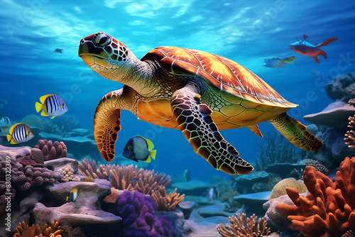 Oceanic Journey - Sea Turtle Among Fish