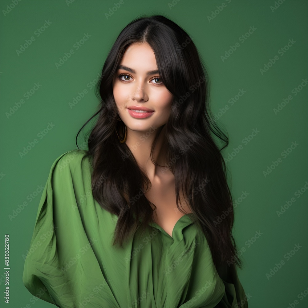 young happy female model standing in front of a green background, long hair , presenting her clothes young happy female model standing in front of a green background, long hair , presenting her clothes