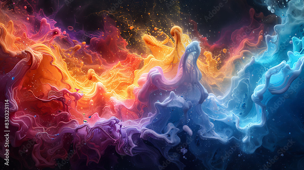 Abstract art of chemical volcano experiment with vibrant colors representing the eruption of a baking soda and vinegar reaction