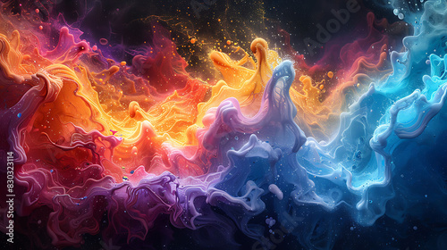 Abstract art of chemical volcano experiment with vibrant colors representing the eruption of a baking soda and vinegar reaction