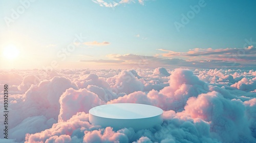 White Podium display for product presentation on a blue sky background with clouds. Pedestal platform mockup, stand show for organic product.