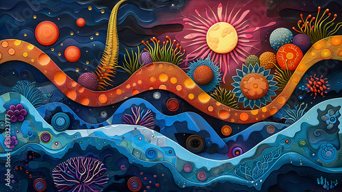 Abstract art representing biogenesis versus abiogenesis theories contrasting color schemes for each concept Include symbolic elements like cells and spontaneous generation