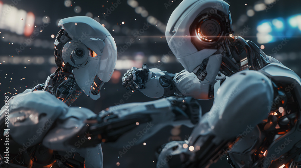 Two humanoids fighting, one a sleek silver figure and the other a glowing blue form, stand in a futuristic space setting surrounded by holographic displays and neon lights Two humanoids fighting, one a sleek silver figure and the other a glowing blue form, stand in a futuristic space setting surrounded by holographic displays and neon lights