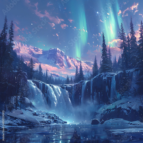 image of magical winter wonderland snowcovered forest frozen lakes cascading waterfalls turned into icicles Northern lights should dance across starry sky casting ethereal glow over pristine landscape